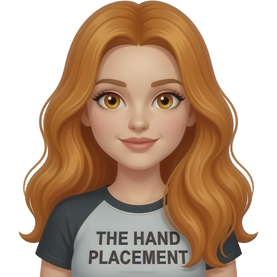 sexy girl with overlong ginger hair and ginger eyes a top with THE HAND PLACEMENT written on it emoji