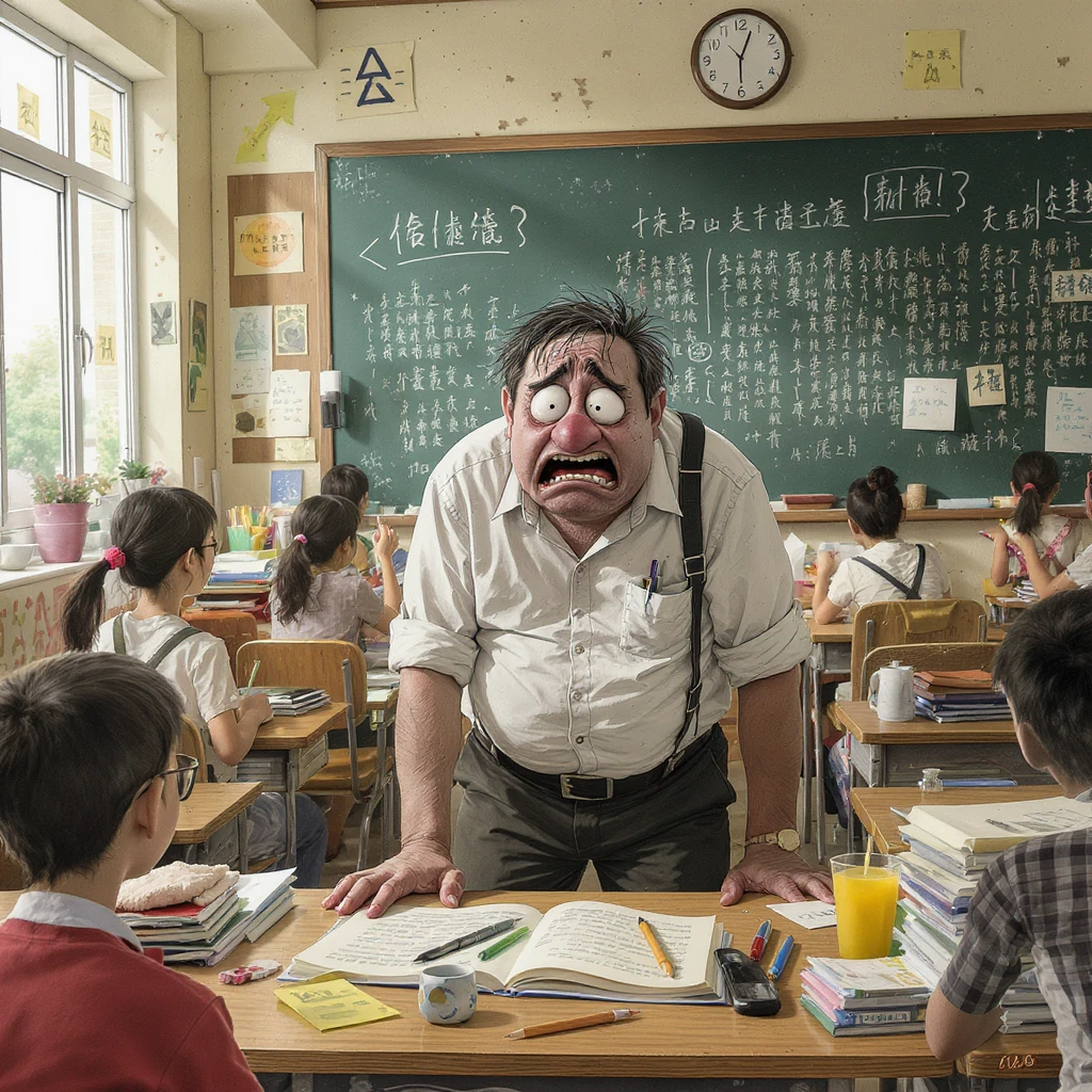 cartoon art of a exhausted teacher in a bustling classroom emoji