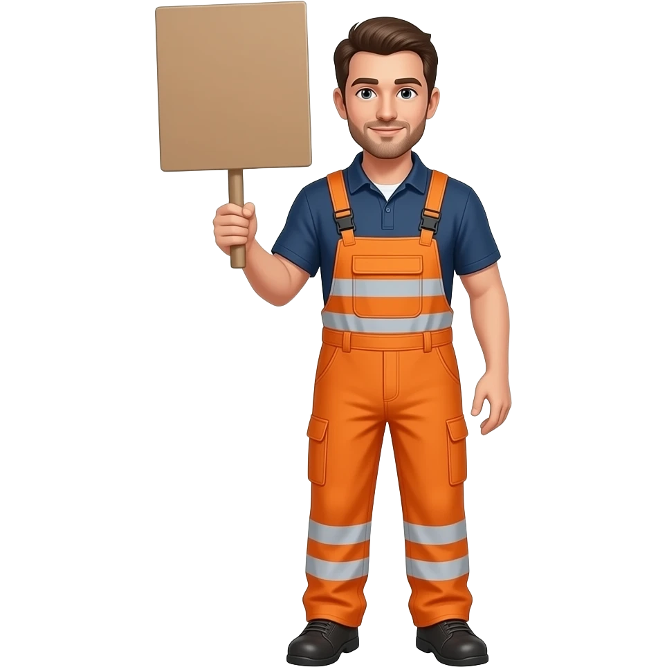 man in full orqange hi-vis overalls standing holding a sign emoji