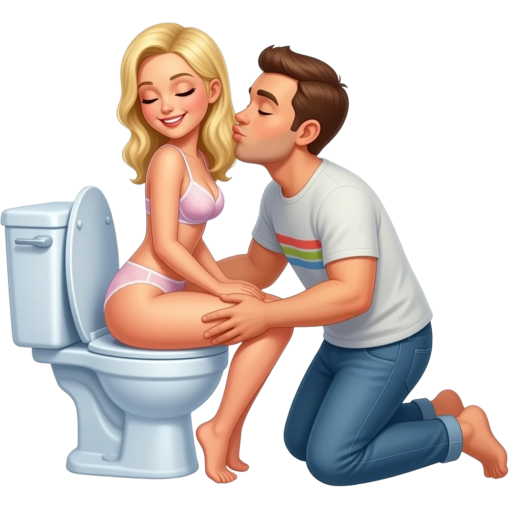 White blonde woman in lingerie sits backwards on open toilet holding her butt open while man knees behind her kissing her butt. Eyes closed smiling emoji