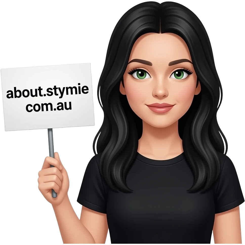 A beautiful woman with long jet black hair green eyes with black eyeliner very very long eyelashes and she has pale skin and wearing a black tshirt and holding a sign saying “about.stymie.com.au” emoji