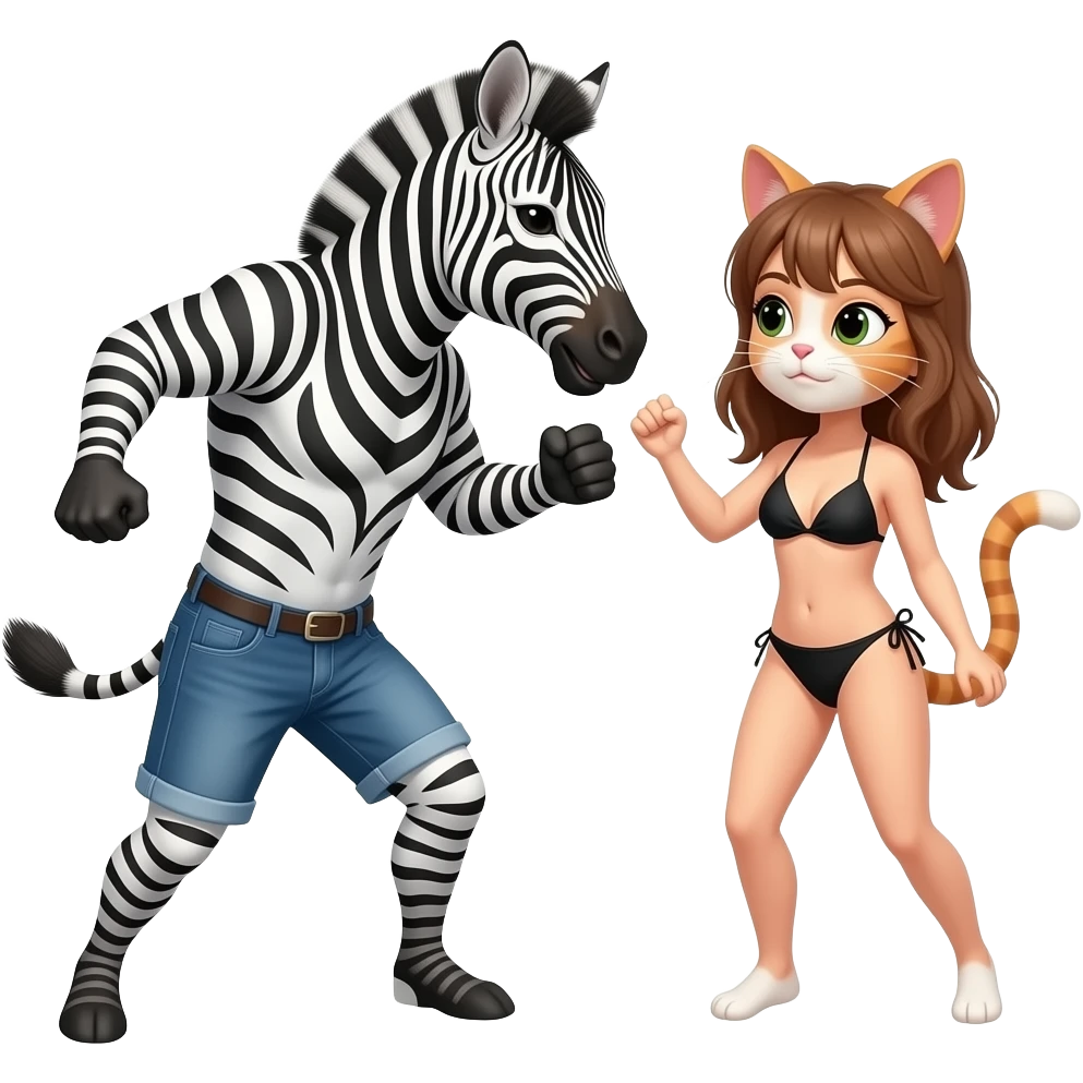 human zebra male attacking a human girl cat wearing black bikini emoji