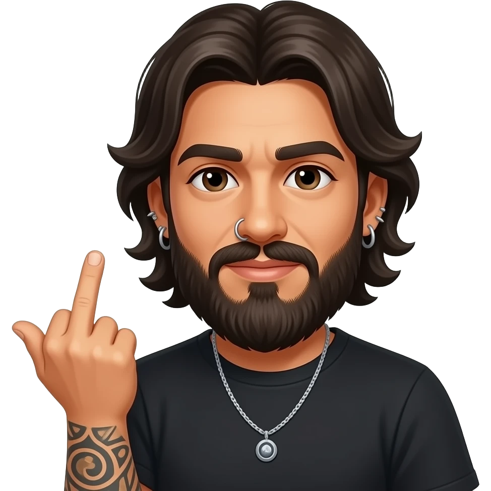 The handsome Latino podcast host with medium length hair, a long beard and tattoos with his ears pierced and a nose ring on the right side flipping somebody off with his middle finger emoji