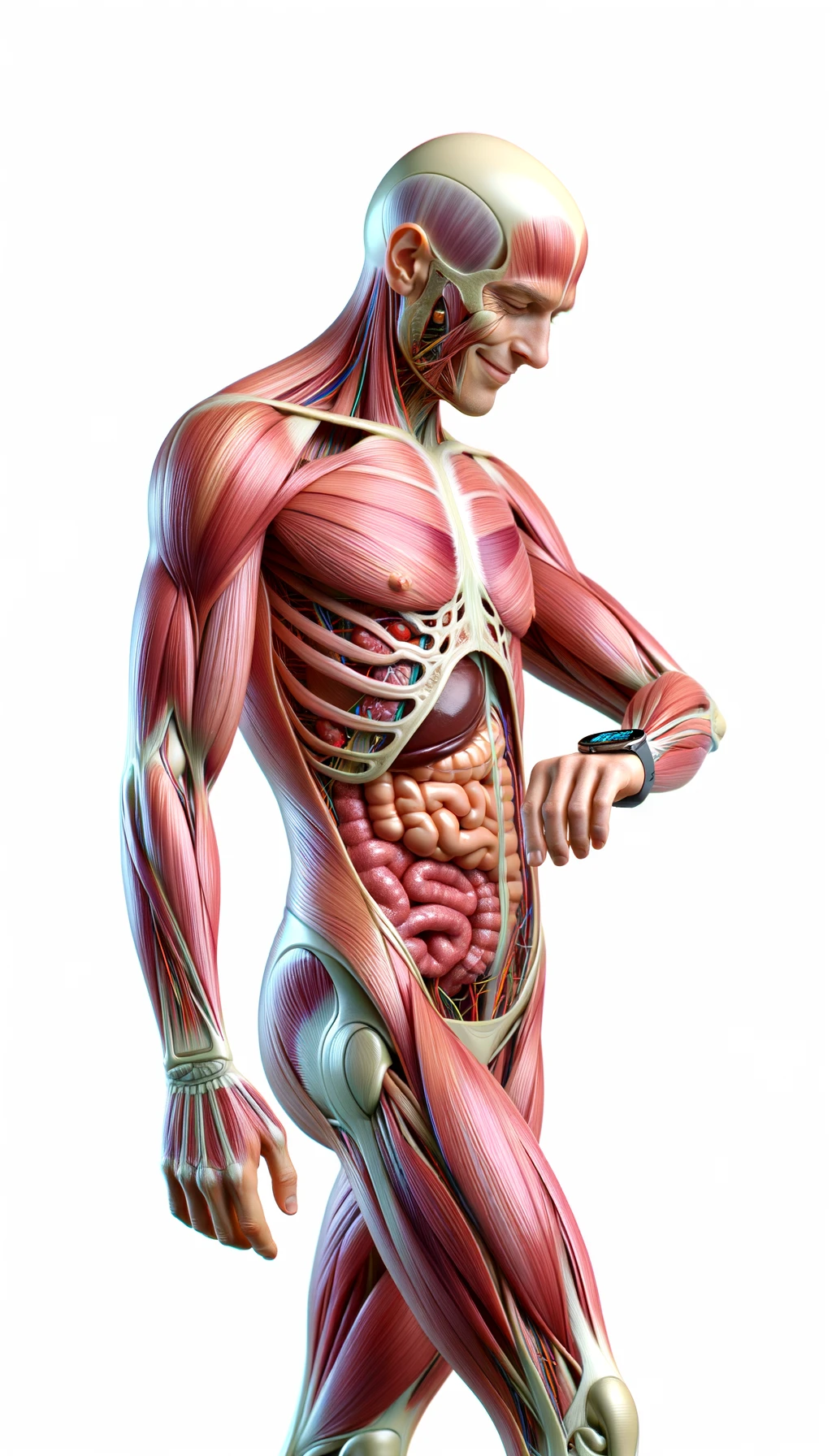corpo umano anatomico sereno e felice che cammina mentre osserva il suo orologio contapassi, colori realistici del corpo e organi visibili, espressione soddisfatta, iperrealistica 4k, isolato su sfondo bianco emoji