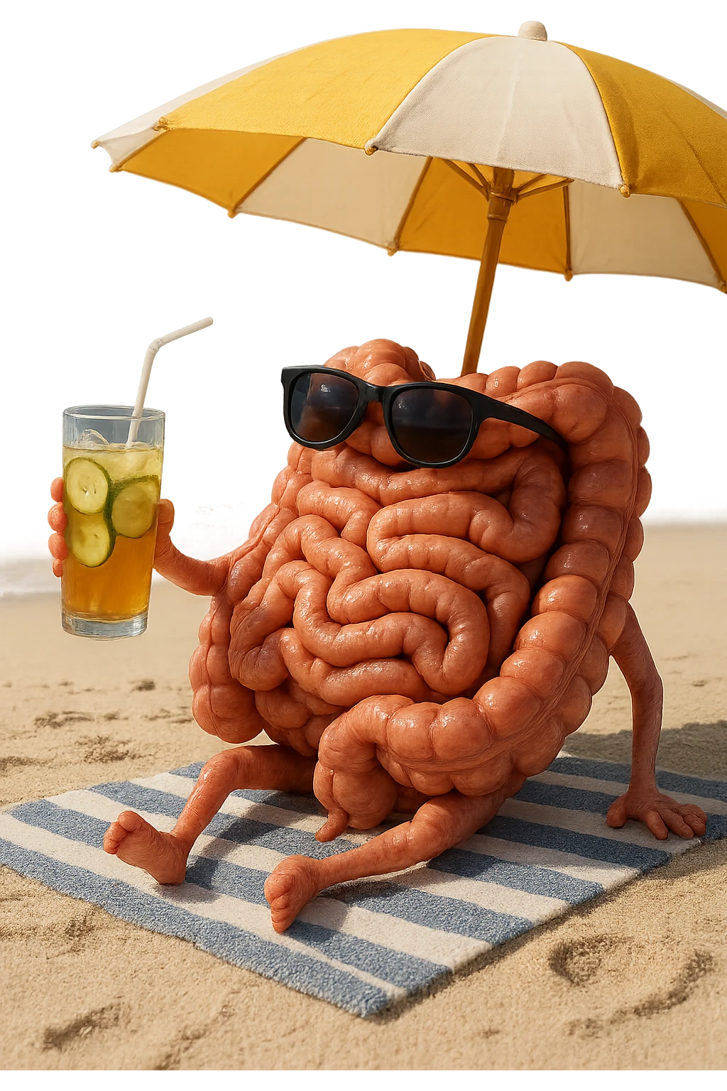 INTESTINO SEDUTO IN SPIAGGIA SOTTO L'OMBRELLONE MENTRE BEVE THè FREDDO CON CETRIOLO
IPERREALISTICO 4K emoji