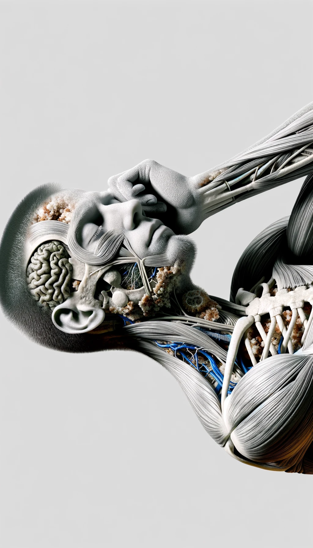 corpo umano anatomico con capelli corti che dorme sereno tenendosi un cuscino contro la testa, muscoli e organi in evidenza, ha l'espressione rilassata, visto dal fianco iperrealistica 4k, isolato su sfondo bianco emoji
