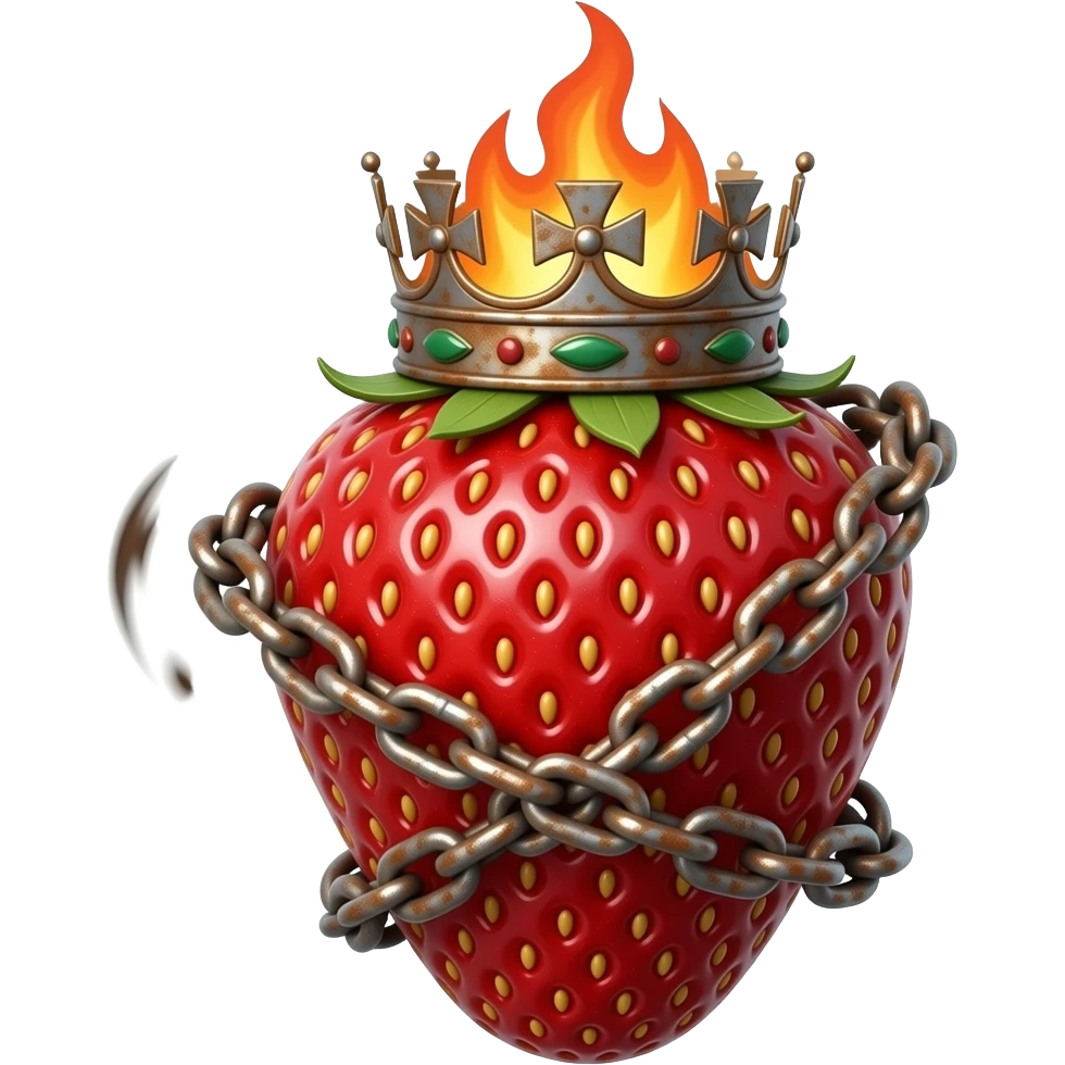 a strawberry made of steel with a rusty, richly decorated English royal crown on top that is flaming. An oversized rusty chain is wrapped around the strawberry's body and is spinning around its body emoji