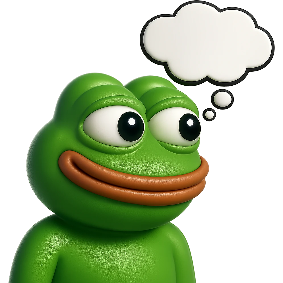 make a pepe in bright green smiling with thought bubble looking at right side in 3d style, good highlights and shadows, drop shadows emoji