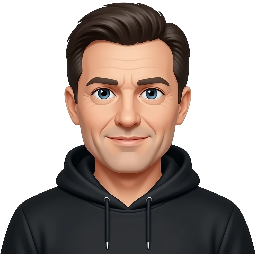 European-looking IT Businessman with dark hair, in hoodie , age ~50, dark eyes, paler skin emoji