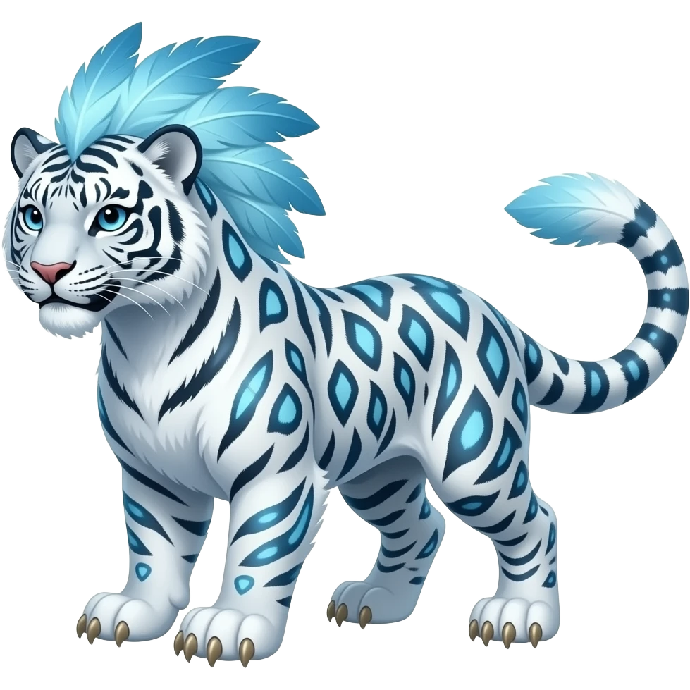 Realistic tribal-patterned snowy icy furry fuzzy fluffy Shiny futuristic feathery beautiful gorgeous snow-leopard-Sabretooth-tiger-velociraptor-Absol-Charizard-Hybrid emoji
