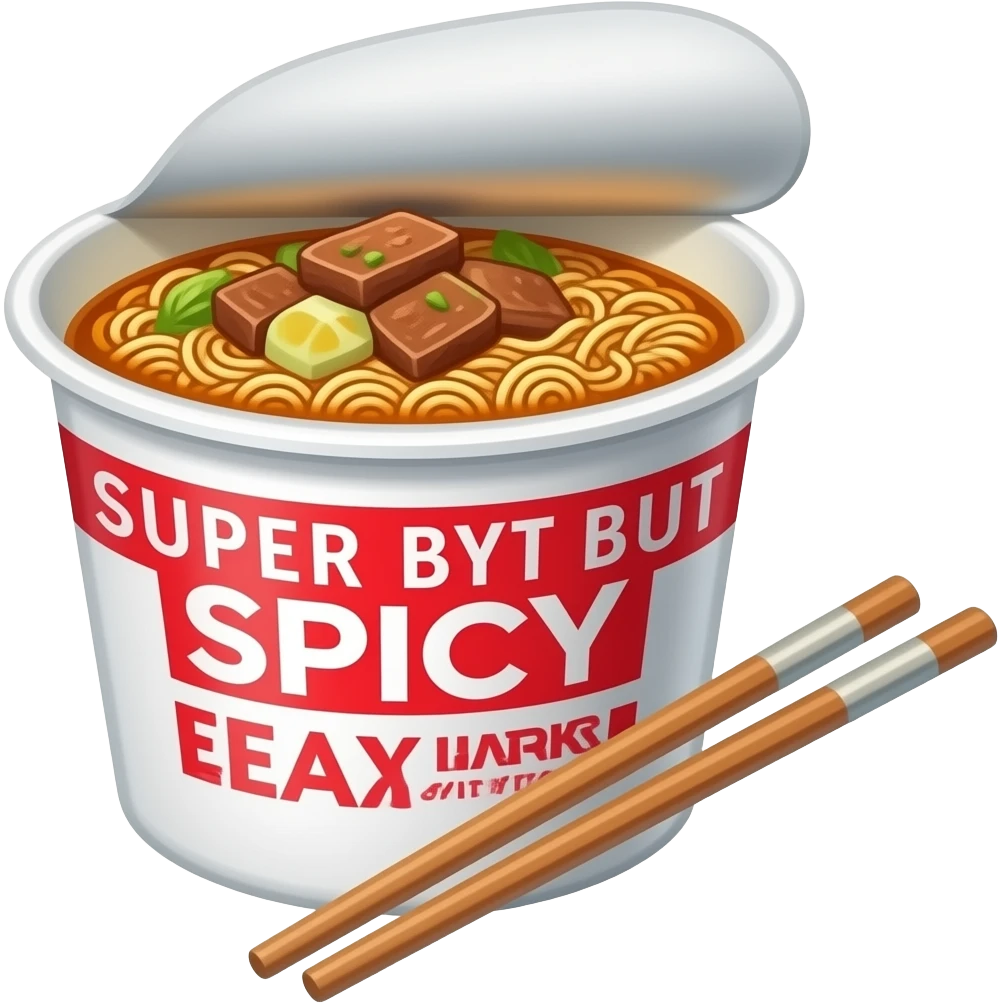 Noodles in a cup with red sauce and beef broth and chopsticks and The package says SUPER SPICY BUT SKYLARS FAV! emoji