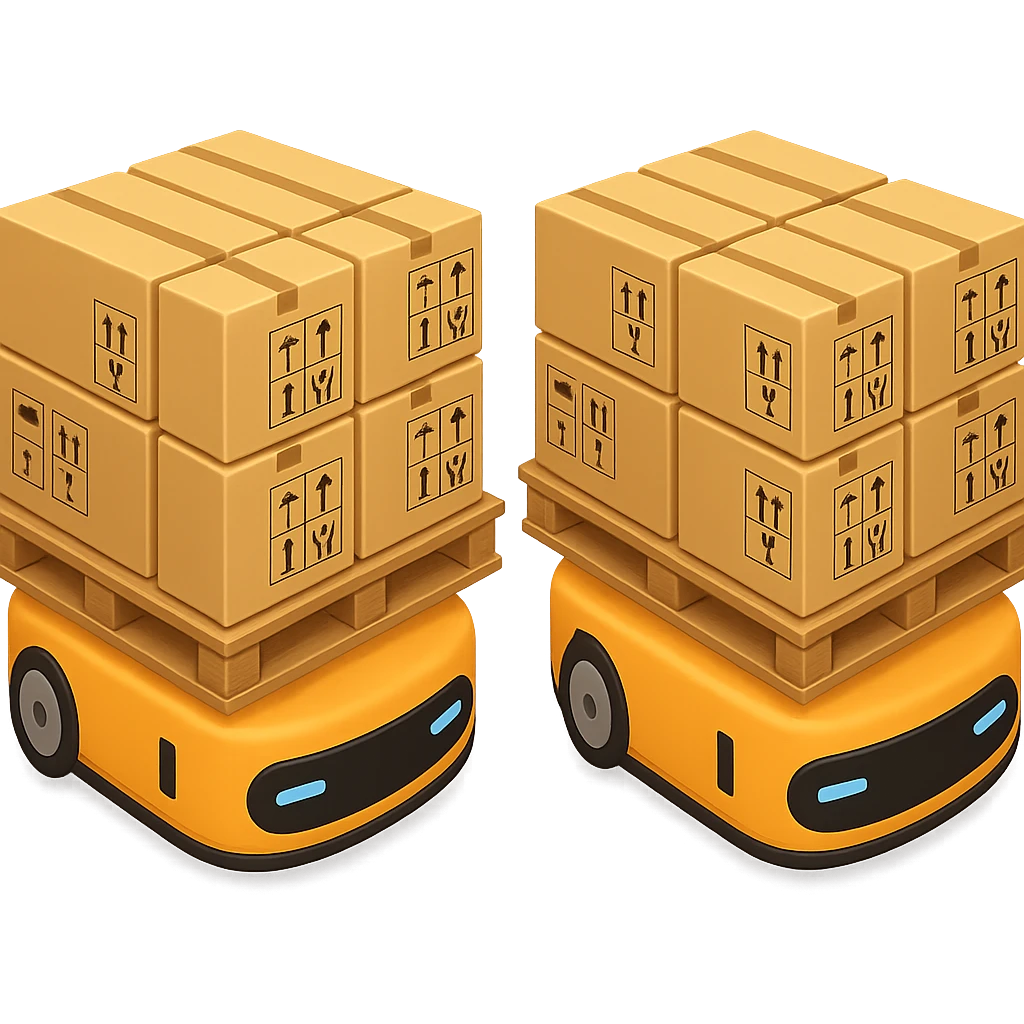 Two Automated Guided Vehicles (AGVs) side by side viewed from above, each carrying fully loaded pallets with many boxes. There is a clear line running in the middle between the AGVs. The style should resemble Apple emoji style with a transparent background. emoji
