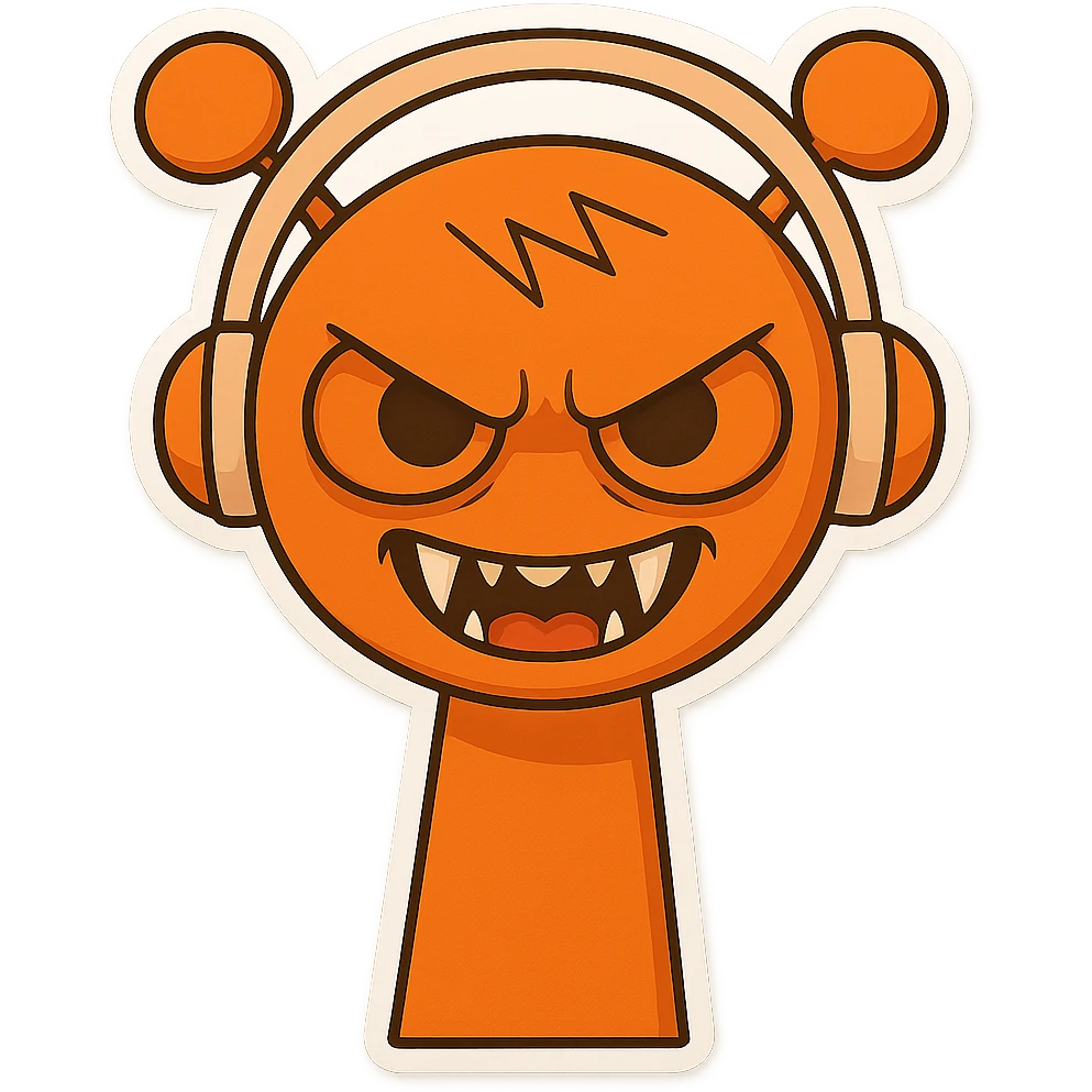 Change the orange character with headphones to a scary expression, with furrowed brows, fangs, and a sinister grin. Keep the transparent background. emoji