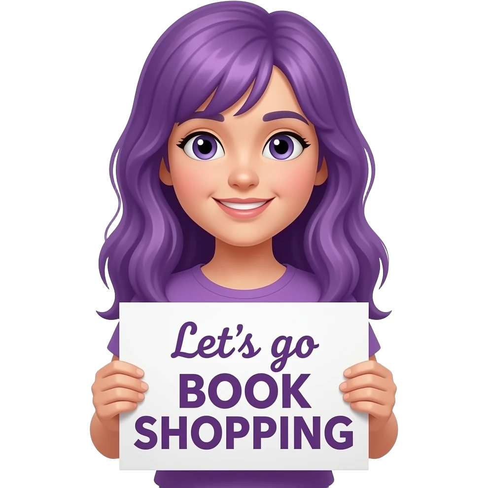 girl with long purple hair holding a Let's go BOOK SHOPPING sign emoji