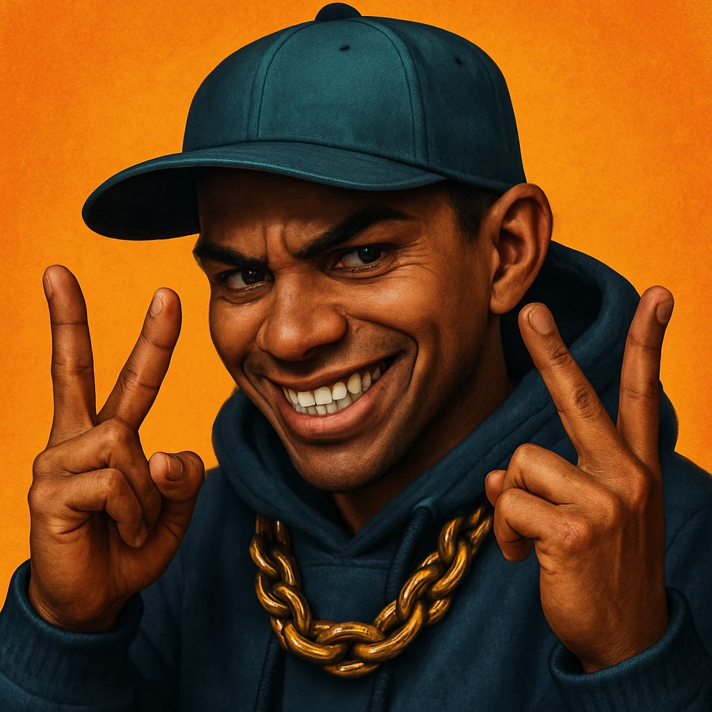 Make this character look more realistic, keeping the devious expression and YVL hand sign on both hands, urban street style, detailed shading, lifelike features. Maintain the original style's essence but enhance realism and detail. emoji