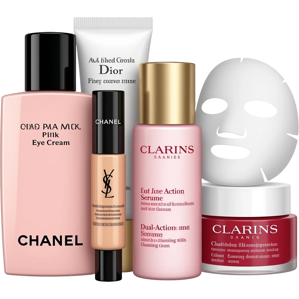 Chanel Pink Lotion, YSL Eye Cream, Dior Face Cream, Clarins Dual-Action Serum, and Chanel Cleansing Milk, along with a sheet mask, are neatly arranged—though the arrangement is a bit messy. emoji