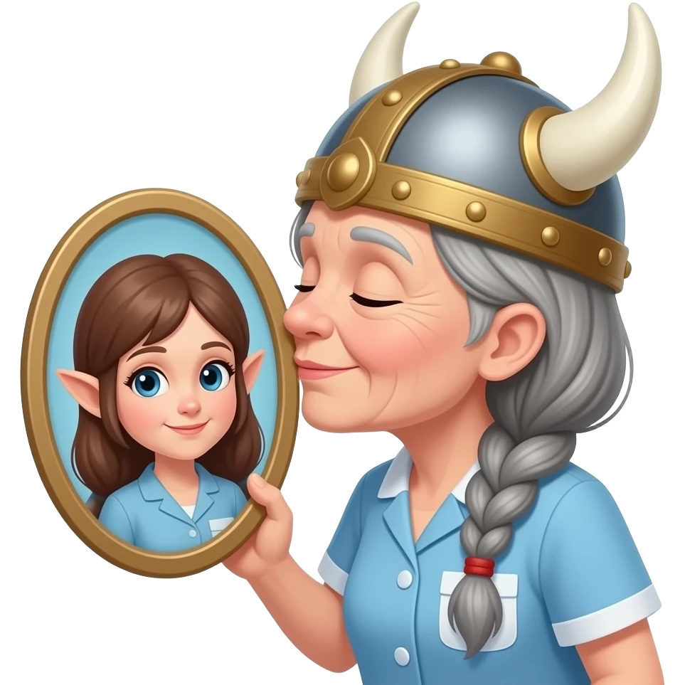 Viking hat gray braids old woman kissing pixie hair brunette elderly nurse emoji