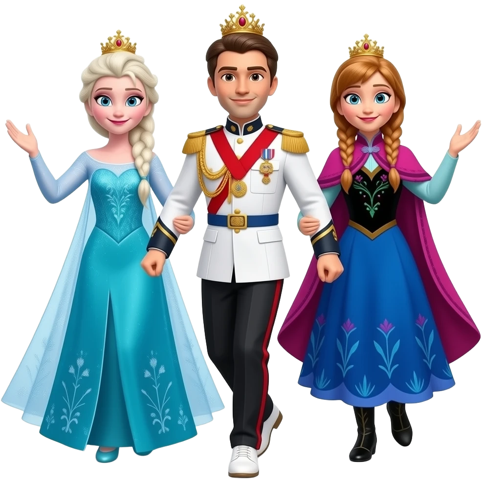 Elsa arendelle and Anna arendelle from disney frozen movie are same wearing gold tiara white military tunic arm badge shoulder cord medal red sash blue belt black trouser with both side red stripe white shoes and they both dancing of kadhal kondein emoji