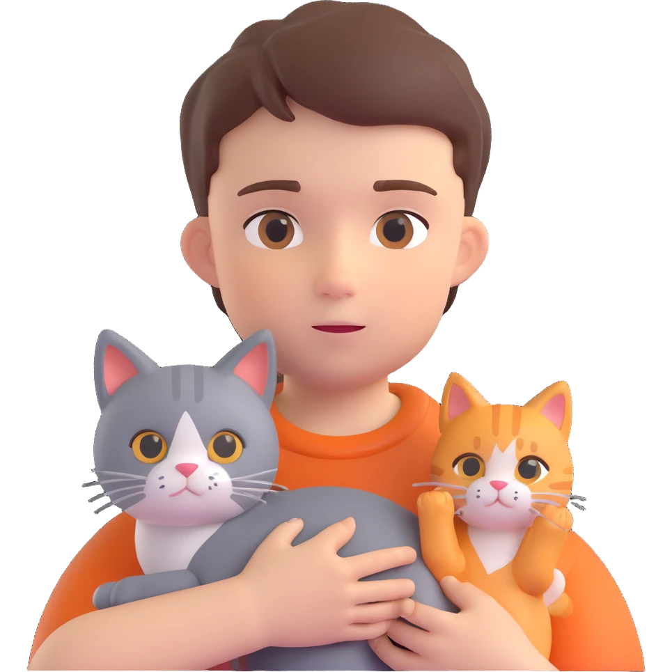 boy and cat pet in forrest background, close up pose emoji