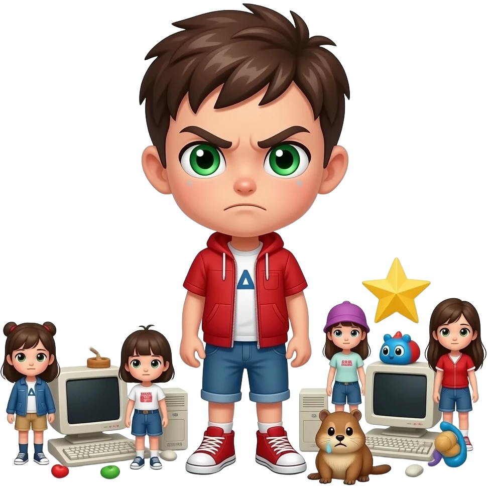 Angry Teenage boy Green eyes surrounded by toys and smala dolls, computers, stars, around and foot on hurt and crying marmotte emoji