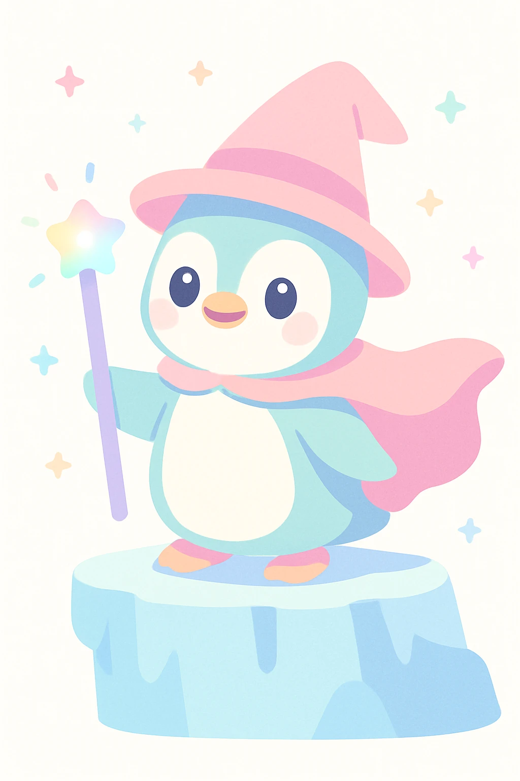 a heroic penguin wizard with a flowing cape, standing on an icy cliff, staff glowing emoji