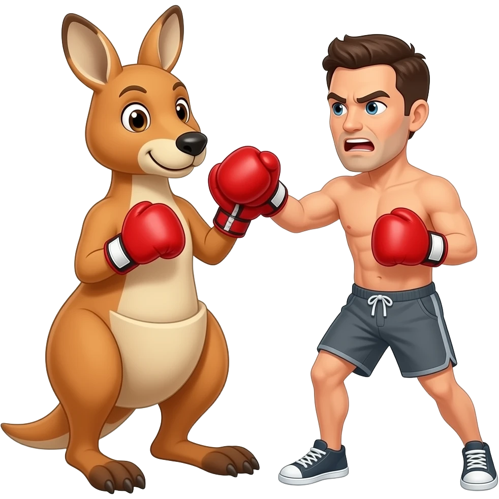 Un canguro enojado boxeando en la cara con un hombre en pantaloneta gris enojado con guantes de boxeo rojo emoji