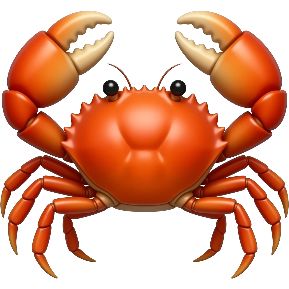 A crab emoji of realistic animal, front-facing toward the viewer, with both claws raised symmetrically. walking sideways, Bright red-orange shell, clean rounded shapes, flat vector style, bold outlines, centered composition, transparent background. emoji