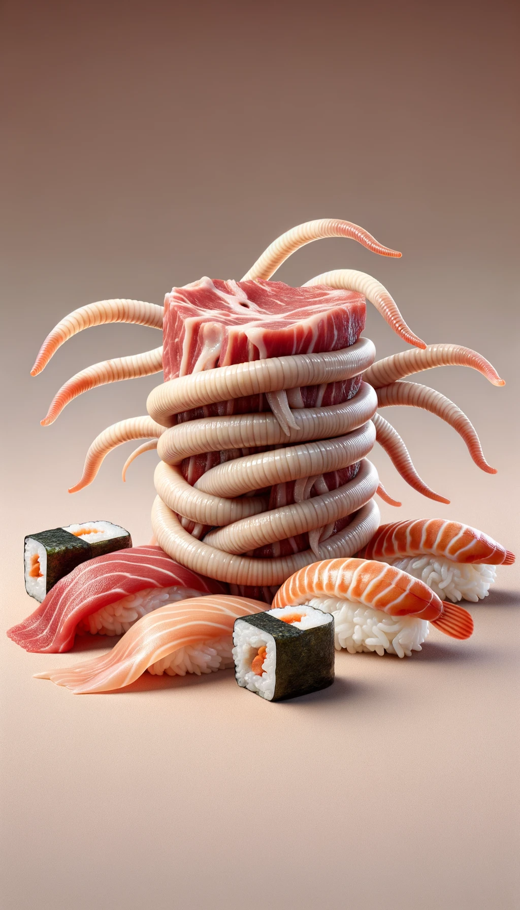 carne cruda fluttua insieme a sushi, intorno a loro fluttuano vermi lunghi e beige chiaro, sfondo neutro chiaro, iperrealistico 4k emoji