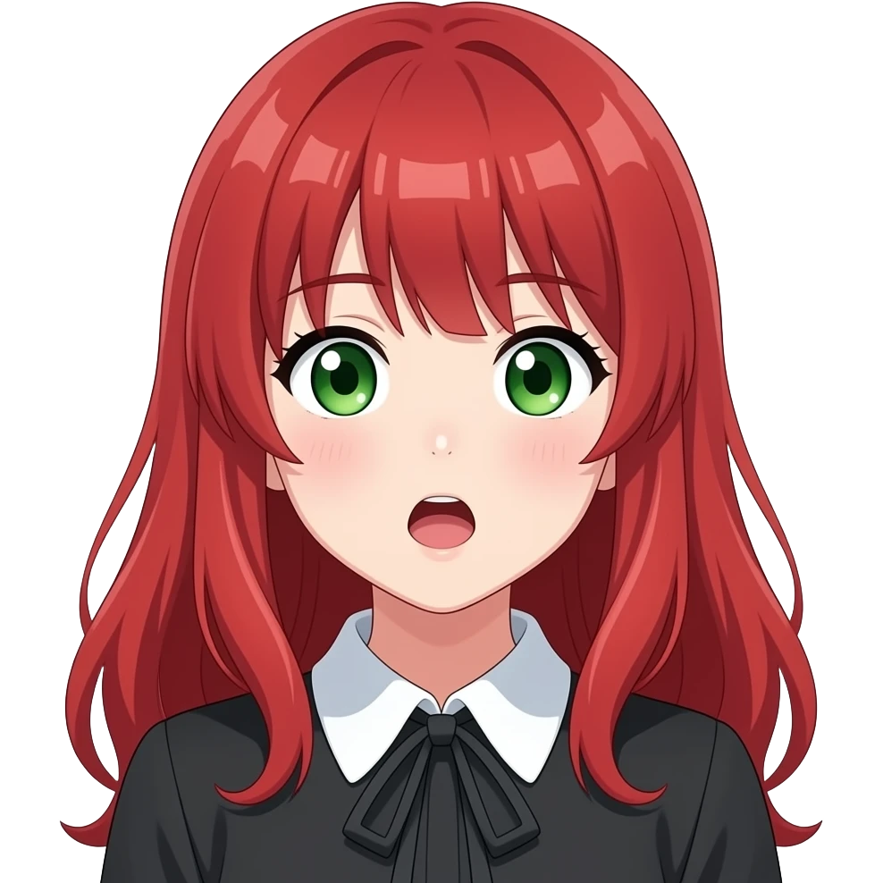 anime girl suprised red hair green eyes black blouse with white collar emoji