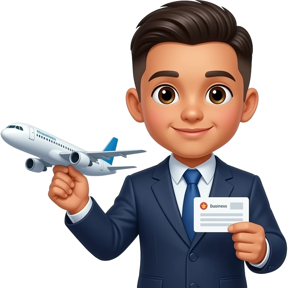 hispanic kid with a lined up bowl cut wearing a suit holding an airplane and a business card emoji