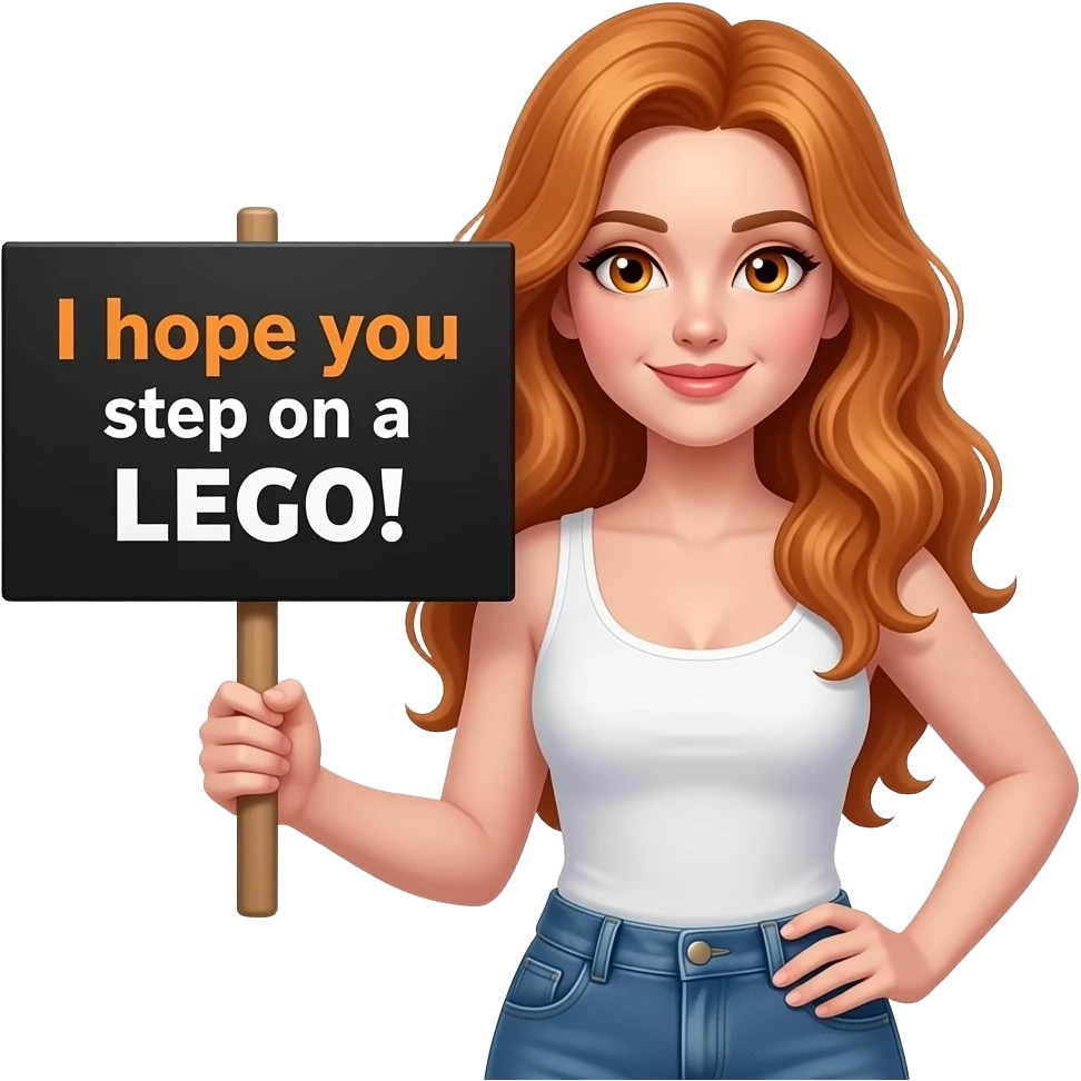 sexy girl with long wavy ginger hair and ginger eyes wearing a white tanktop is holding a black colored sign with I hope you step on a LEGO! written on it emoji