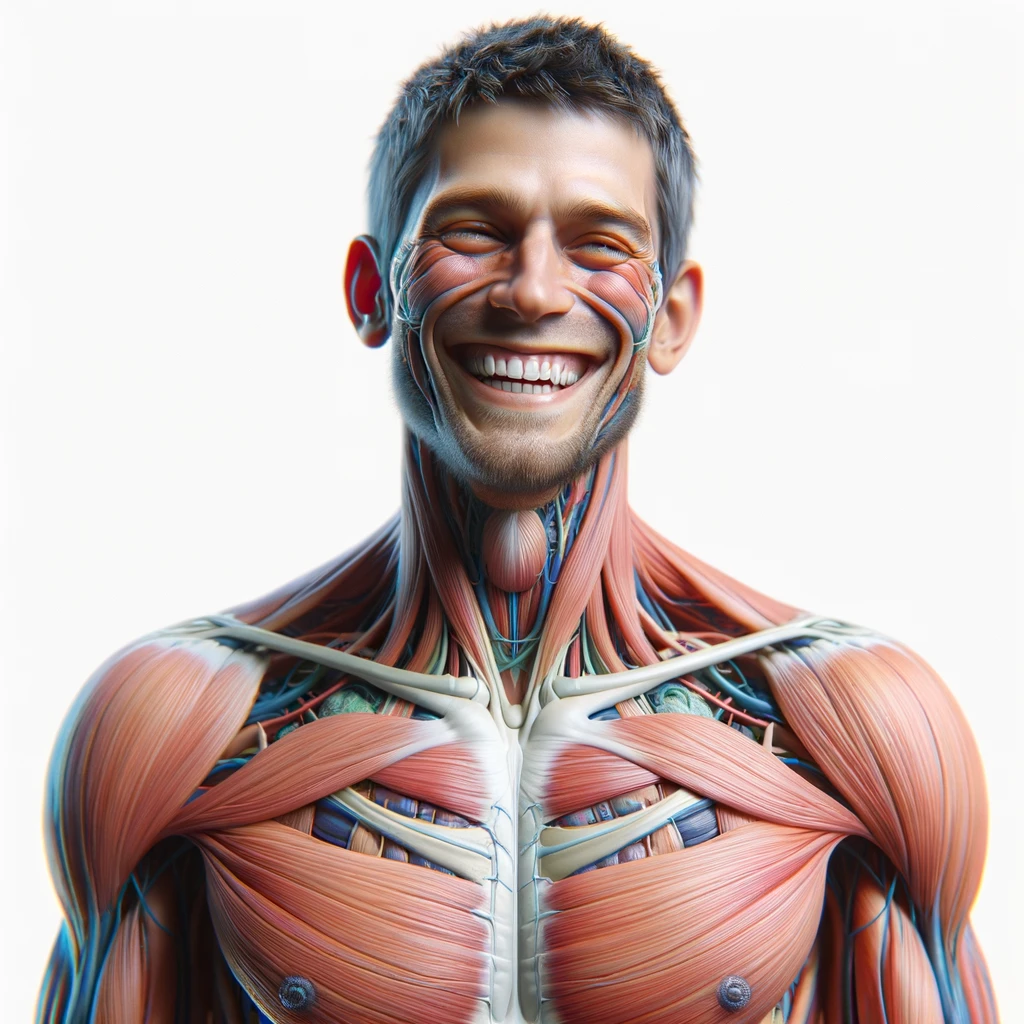 corpo umano anatomico a figura intera che sorride rilassato, iperrealistico 4k, isolato su sfondo bianco emoji