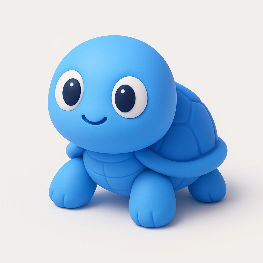 whimsical 3D green turtle with a round face, large expressive eyes and tiny paws emoji