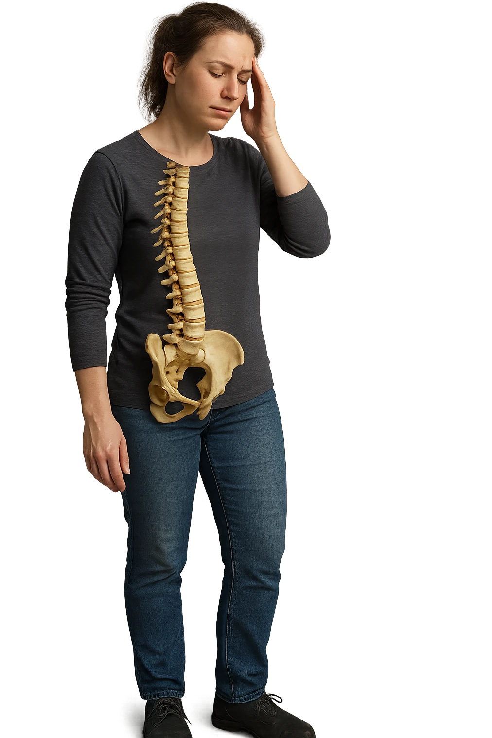 donna stanca a figura intera che si tiene una mano sulla tempia con spina dorsale anatomica visibile, iperrealistico 4k emoji