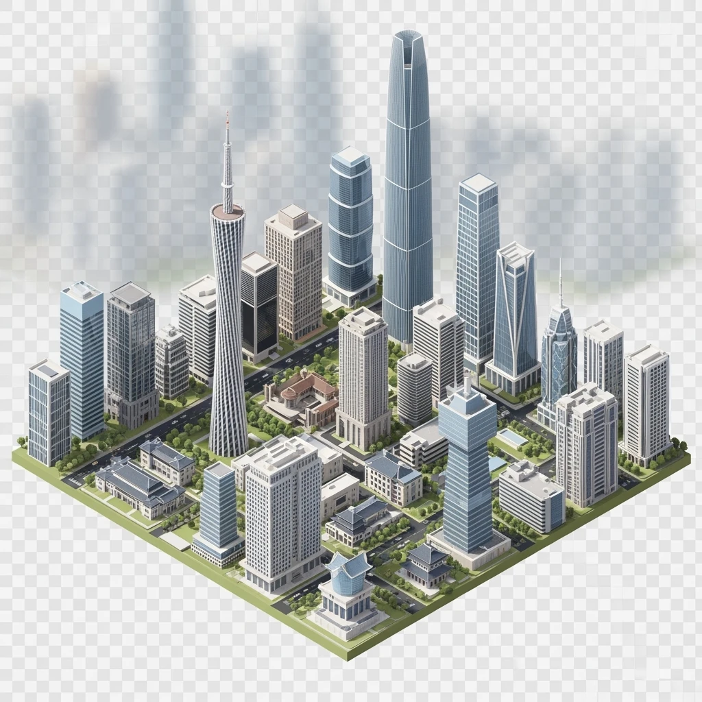 Isometric minimalistic illustration of mix Guangzhou, Shenzhen and Dongguan subtle 3D miniature effect and Tilt Shift effect, no cartoonish look, transparent background. emoji