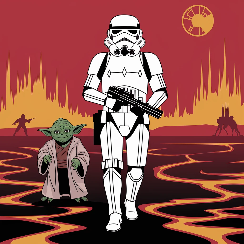 vector art of a Starwars stormtroopers is walking on lava planet with yoda, battleground background 
 emoji