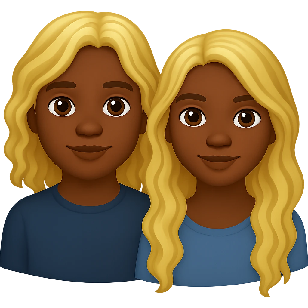 Blonde boy and blonde girl with long wavy hair, emoji style, dark skin tone, with no background emoji