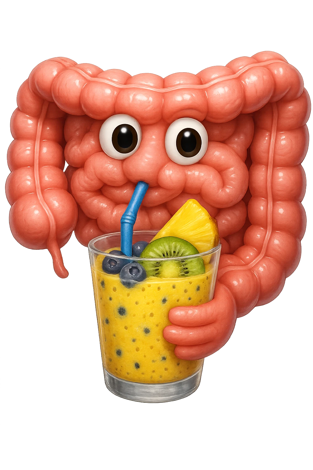 EMOJI STILE IPHONE DI un intestino umano anatomico che beve un frullato di mirtilli, ananas, kiwi, fagli anche la parte bianca degli occhi, non solo le pupille, REALISTICo 4K emoji