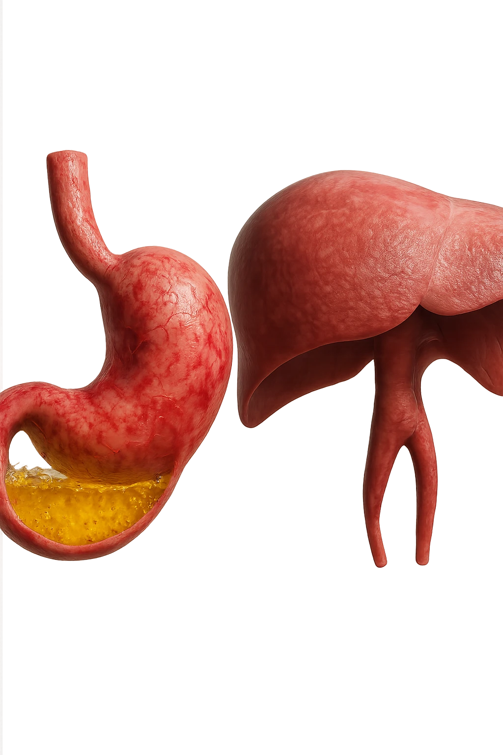 stomaco umano anatomico infiammato con acido giallo all'interno fluttua in aria insieme ad un diaframma umano, iperrealistico 4k, isolato su sfondo bianco emoji