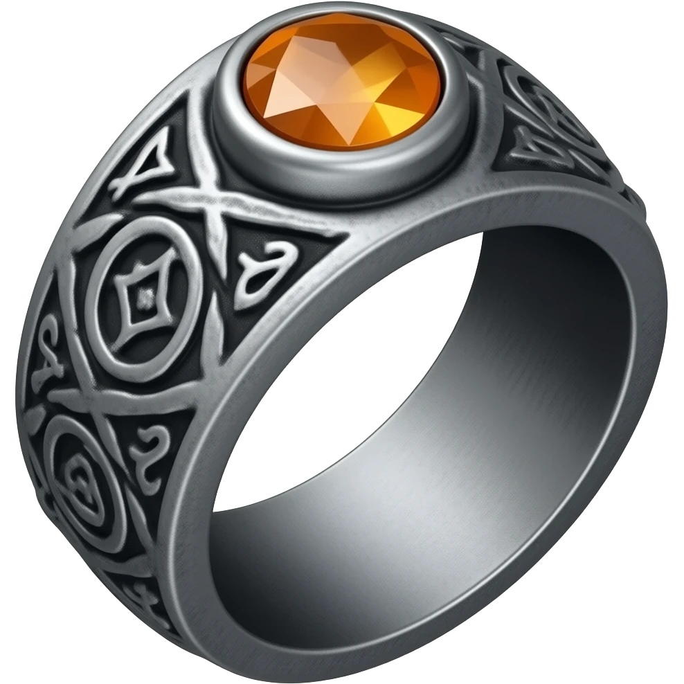 A runic ring meant for dark warlocks, dark and ominous with strange occult markings. Make it foreboding, maybe with a dark grey and orange gem emoji