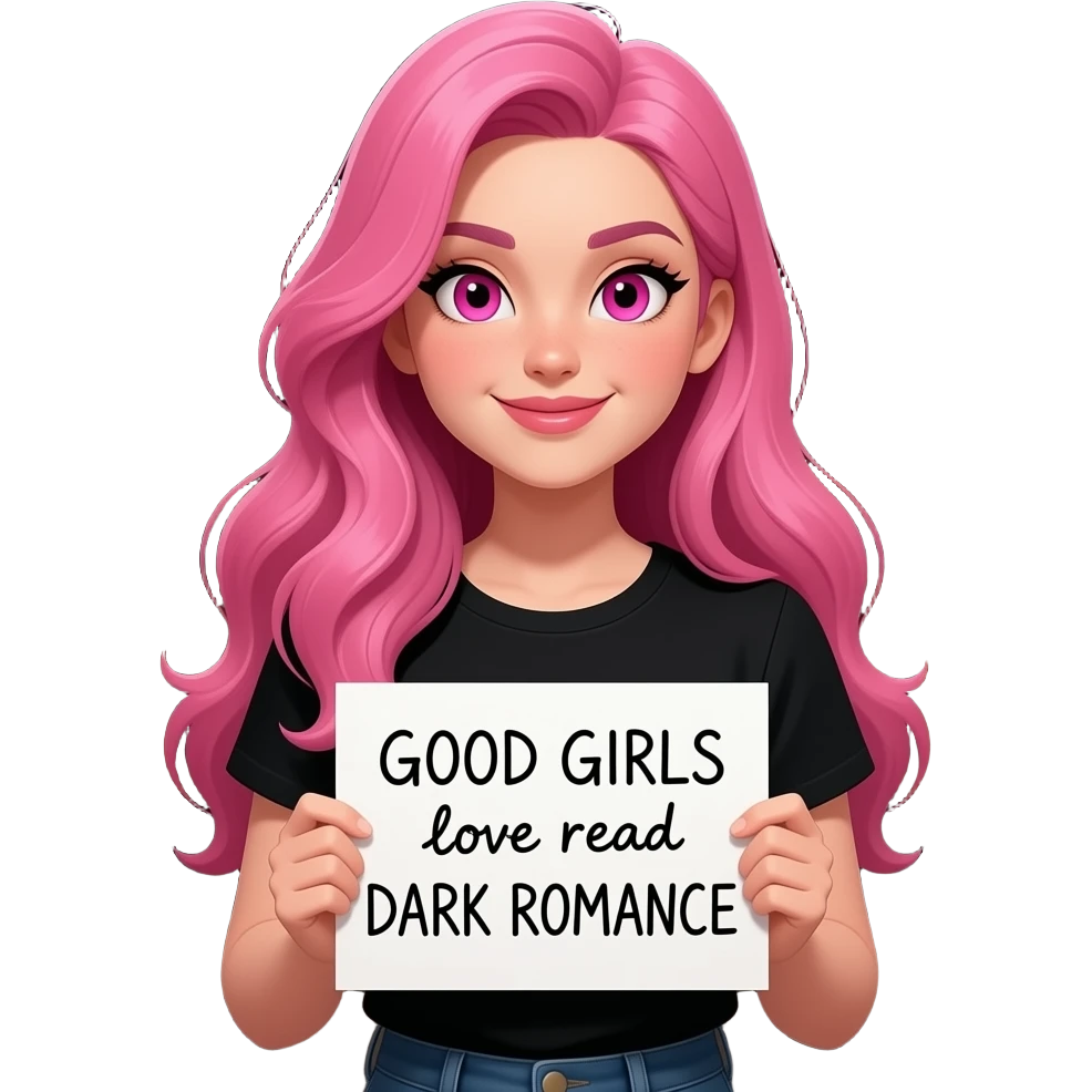 sexy girl with long pink hair and pink eyes holding a GOOD GIRLS love read DARK ROMANCE sign emoji