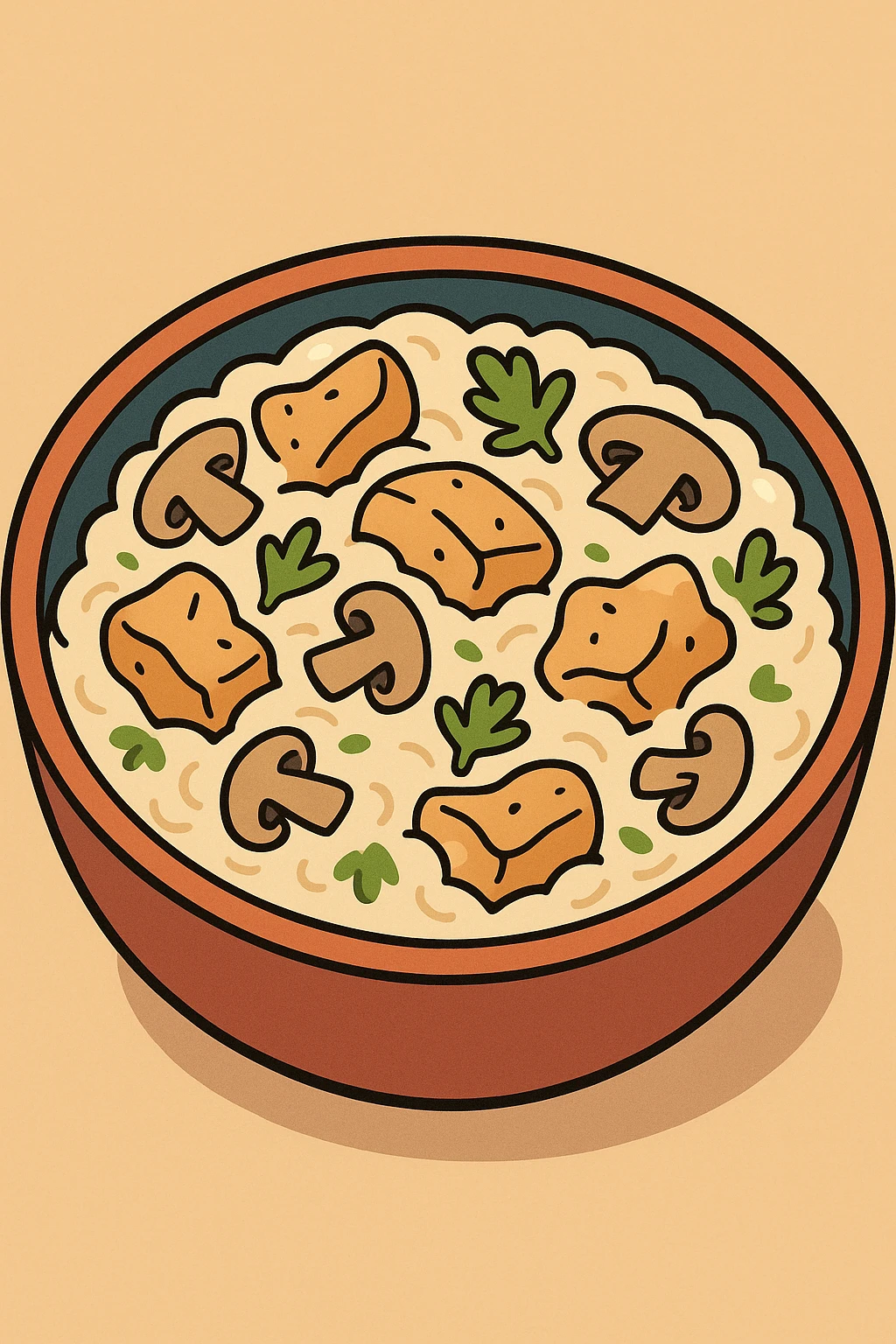 cartoon style bowl of creamy chicken mushroom risotto, garnished with parsley, bright and playful emoji