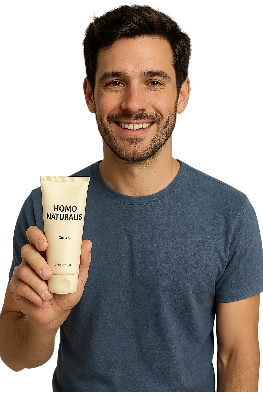 uomo con in mano un prodotto crema di marca "Homo Naturalis" emoji