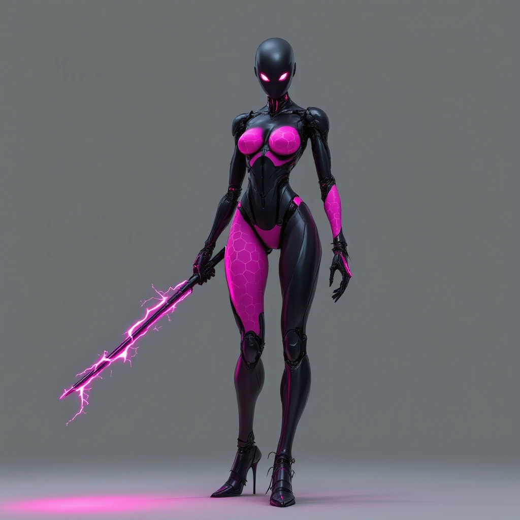 Full body slim black female robot with upper arms pink, biceps and forearms black, thighs pink with hex pattern, no ears, no head points, glowing sinister eyes, holding a long lightning whip, in Flux Pro style. emoji
