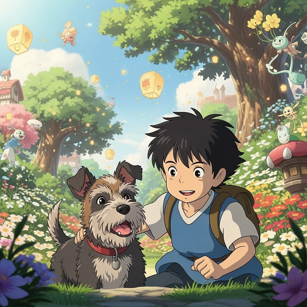 kid and his pet dog in studio ghibili style emoji