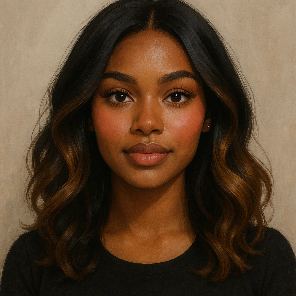 portrait of a young woman with dark skin, brunette dark hair with caramel balayage, brown eyes, curled lashes, and blush, in a modern, appealing style emoji