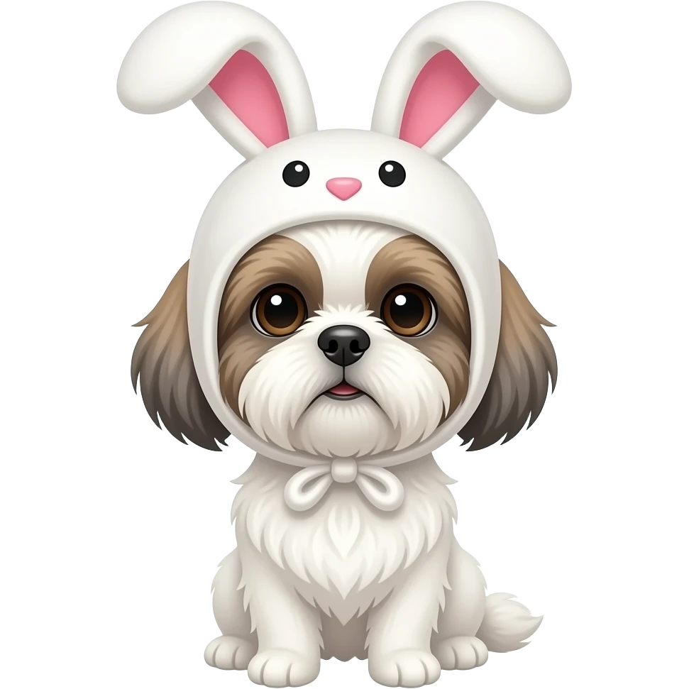White Shih Tzu, faint brown/gray ears, with a bunny hat emoji
