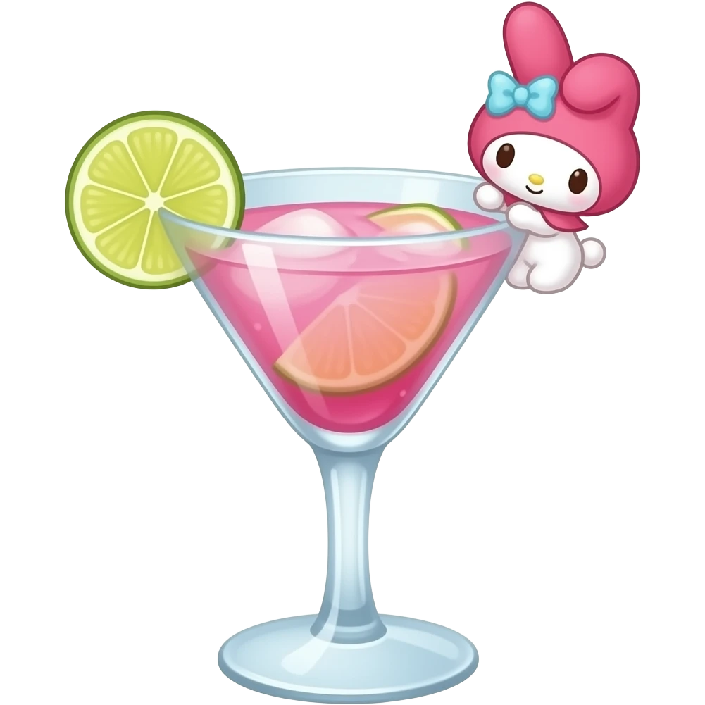 my melody the sanrio character themed pink and yellow colored cocktail in campagin glass with actual illustration of my melody as a garnish emoji