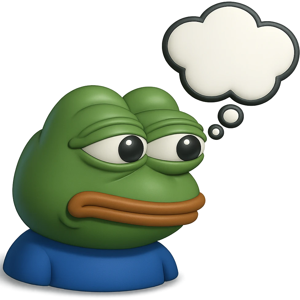 make a pepe with thought bubble looking at left side in 3d style, good highlights and shadows, drop shadows  emoji