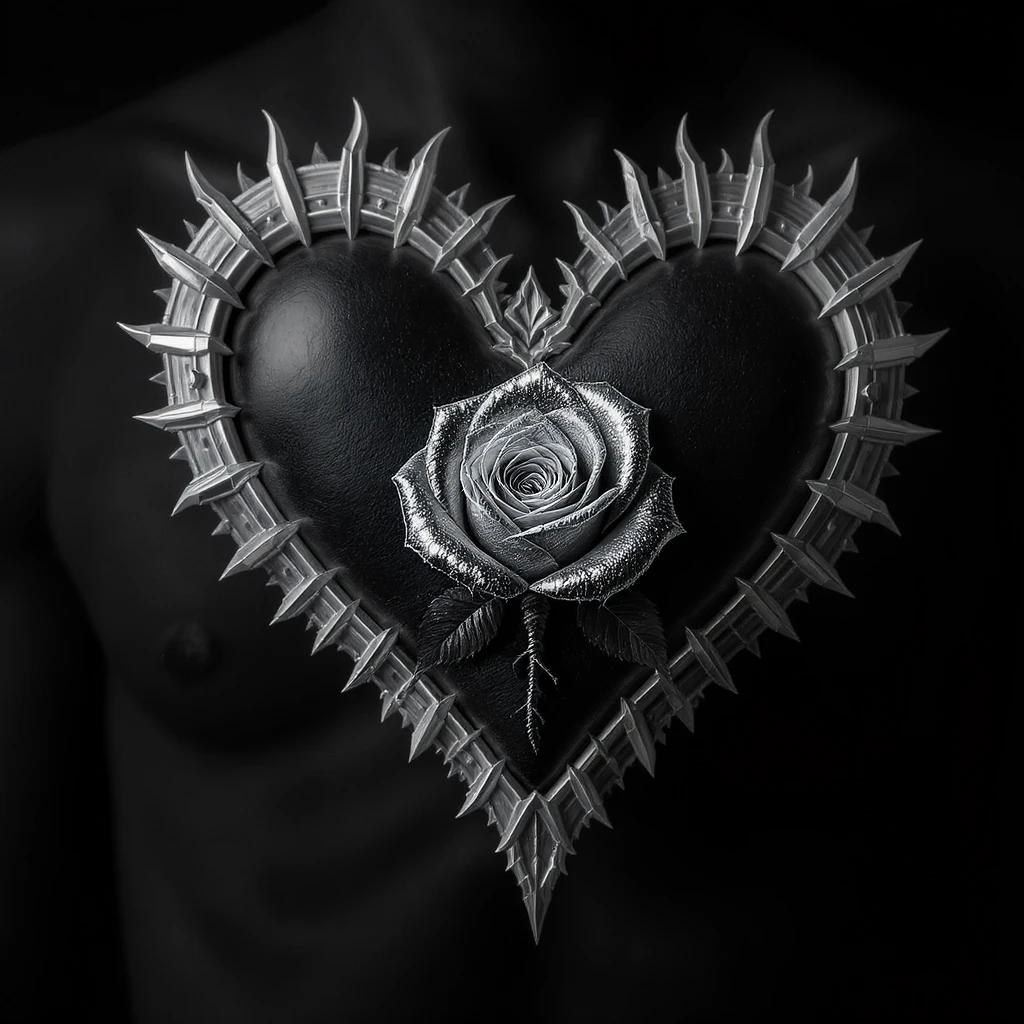 gothic heart with a silver gothic rose emoji
